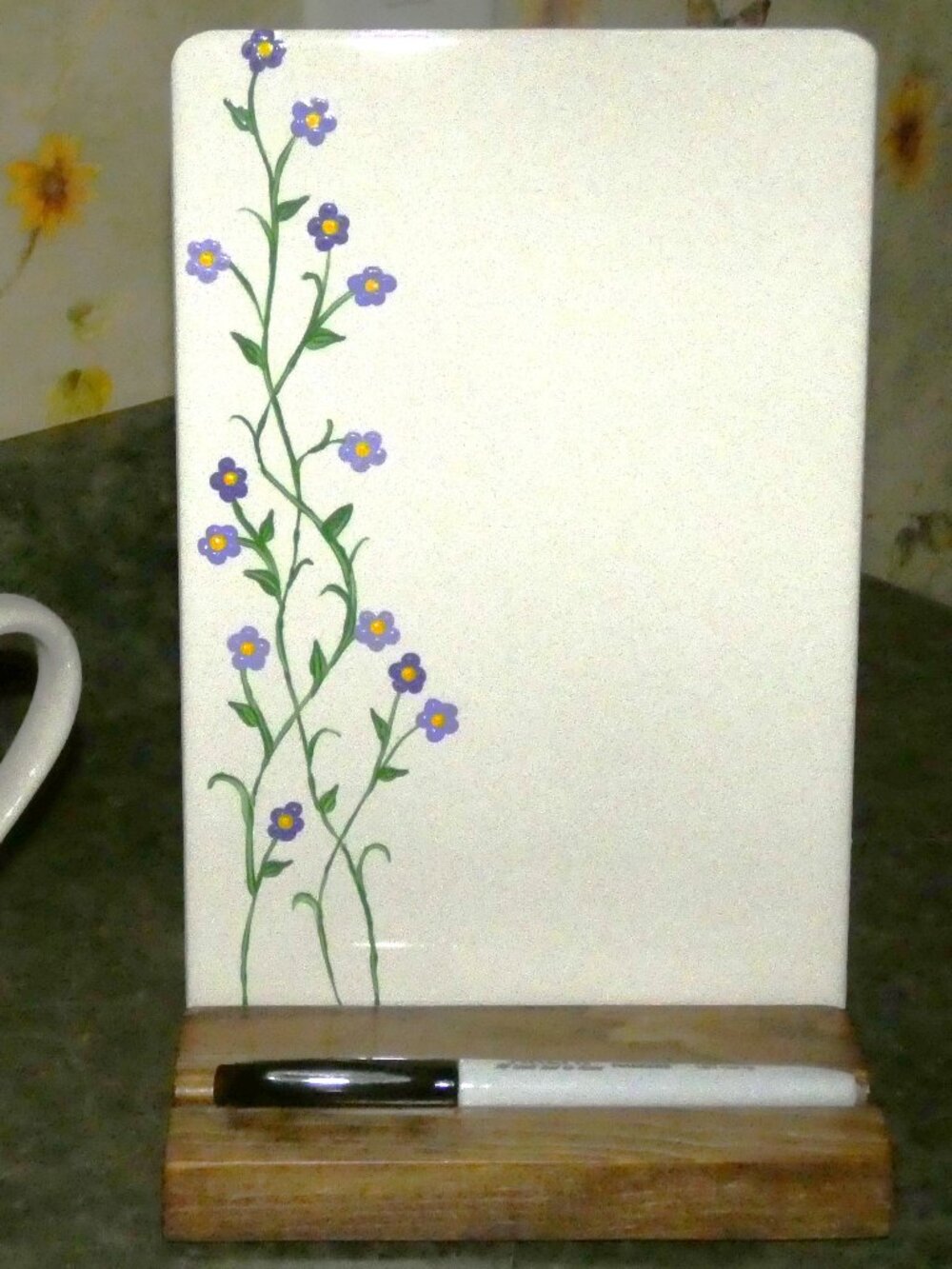 Purple Flower Ceramic Whiteboard, Dry Erase Message Board with Wood Stand